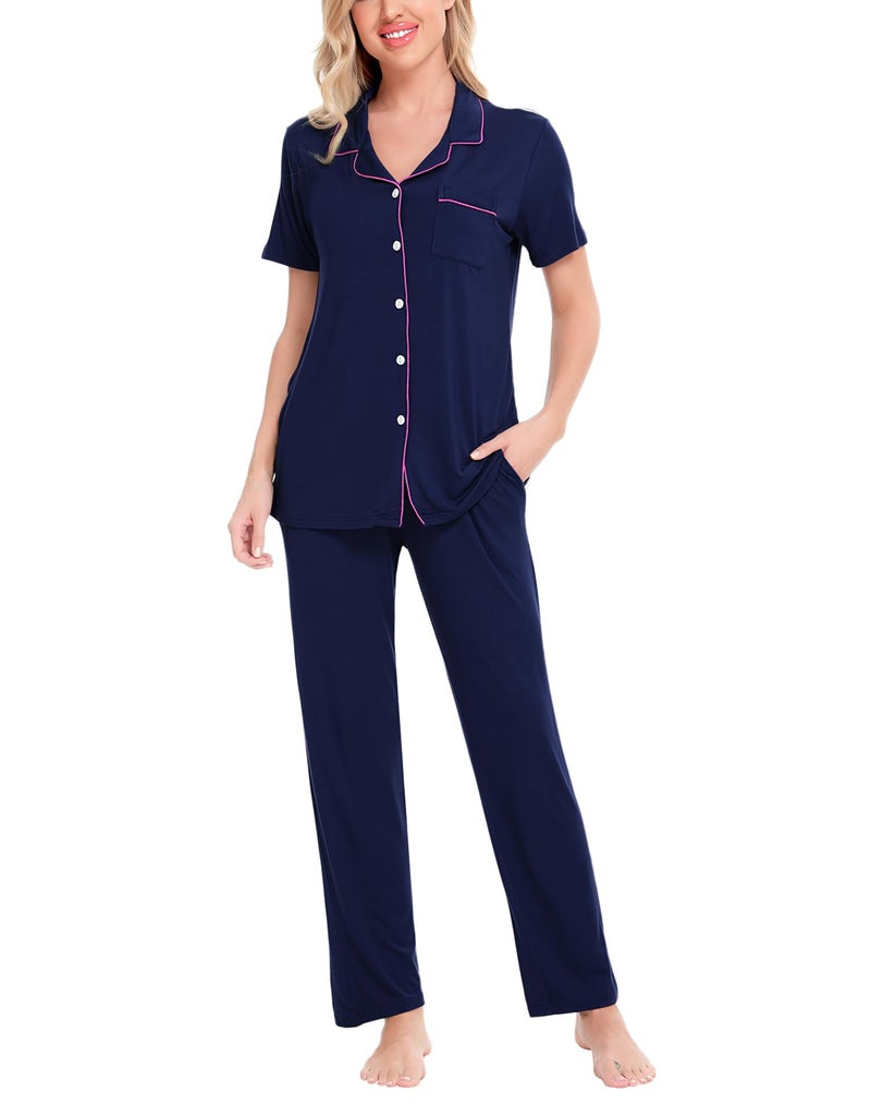 SWOMOG Women Pajama Sets Two-Piece Nightwear Short Sleeve Sleepwear Button Down Pj Lounge Sets with Long Pants Navy Blue - Image 1